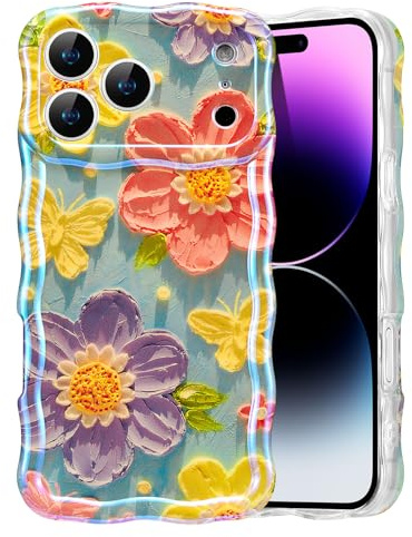 EYZUTAK iPhone 17 Pro fodral, färgglad vintage oljemålning blomma telefonfodral glänsande lockigt vågram TPU-fodral slitstarkt ränder skyddsfodral - fjäril blomma