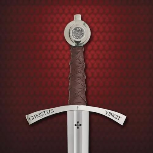 Schwert, Christus Vincit Replika 38 Zoll, scharfer Karbonstahl, Blutrinne, Einhandschwert mit Durchgehender Klinge und Scheide, Faithkeeper-Templer-Schwert, Auszeichnungsschwert der Tempelritter