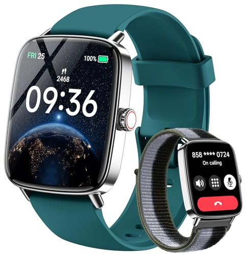 Smartwatch Herren mit Telefonfunktion 1.85 2 Armbänder Fitnessuhr Fitness Tracker Herzfrequenz/SpO2/Schlafmonitor/IP68 Wasserdicht Sportuhr Schrittzähler Uhr für Samsung Android iOS Grün