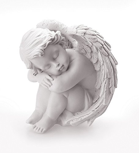TEMPELWELT Deko Engel Figur Sitzend Schlafend 12 cm, Polystein Weiß, Schöne Engelfigur Schutzengel Engelkind Dekoengel Engelchen Träumend für Grabdekoration Garten