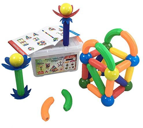 Magnetische Bausteine | 38 Stück: Magnetstäbchen und Kugeln XXL + Blumen + Kunststoffbox | Tolles kreatives Geburtstags Jungen und Mädchen ab 18 Monaten