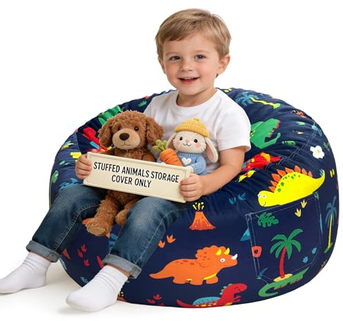 Lukeight Dinosaur Stuffed Animals Storage Bean Bag Chair Cover for Kids Toddlers, Cozy Velvet Plush Toy Organizer Seat, Cover Only, No Filling Included, Long YKK Zipper, Side Pocket, Large 27 x 16 in
