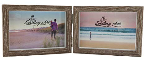 Smiling Art Bilderrahmen für 2 Fotos aus MDF Holz mit Glasscheibe, klappbarer Bilderrahmen, Doppelrahmen (Grau, Querformat, 2x10x15 cm)