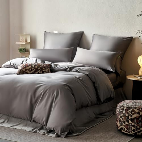 SALAD HOUSE Satin Bettwäsche 200x200 Grau 3teilig Baumwolle- Grau, Allergiker geeignet, Bettwäsche-Sets mit Reißverschlüsse, Duvet Cover Set, Deckenbezug, Bettbezug + 2er Kissenbezüge 80x80 | Kühlend im Sommer, atmungsaktiv und weich; Farbecht, bei 60 °C waschbar, mit Reißverschluss, OEKO-TEX zertifiziert