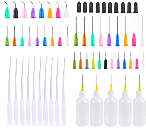 SKYPRO 54 Stück 50 ml Präzisionsspitzen-Applikator-Flaschen-Set, Spender-Applikator-Flaschen für Flüssigkeit, Acrylfarbe – 5 Quetschflaschen, 5 Spritzenkappen, 5 Klebedüsen und 39 Dosiernadeln