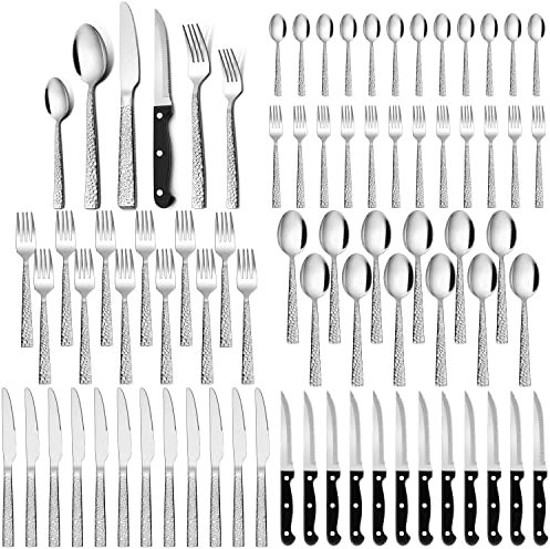 Homikit Set de couverts pour 12 personnes, 72 pièces avec couteaux à steak, couverts poliet en acier inoxydable avec cuillère, fourchette, couverts de table martelés, sains et lavables au