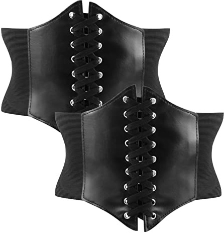 2 Piezas Cinturones Ancho para Mujer Cintura Elástica Ancha Correa de Piel con Cordones Corsé Cinturón Retro Cinch Negro