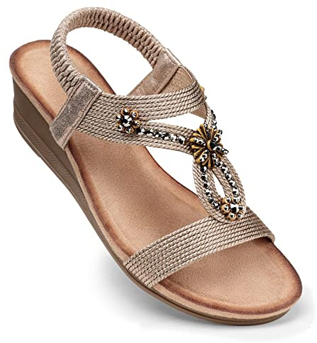 SHIBEVER Womens Wedge Sandals Low Heel Platform Sandals Dressy Ankle Strap Dress Summer Comfortable Shoes for Beach Travel Casual with Arch Support Champagne Size 8.5