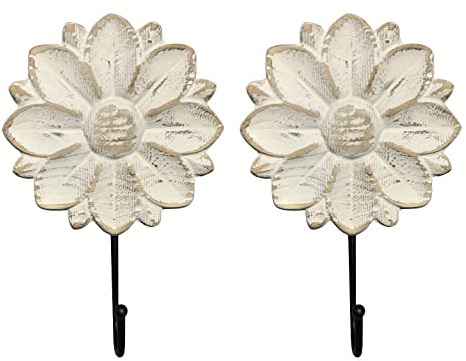 dwellington Decorative Wall Mounted Flower Hooks, White Distressed Wood Hanging Hooks, Farmhouse Boho Coat Rack for Hanging Things, Towels, Purse