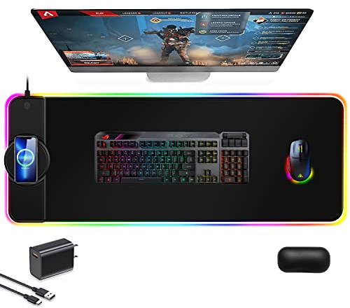 Gaming Mouse Pad 15W Wireless Charging RGB,LED Large Ergonomic Mousepad Gaming with Wrist Support,31.88 12.2 Desk mat/Keyboard pad (Black(18W Charger Included))