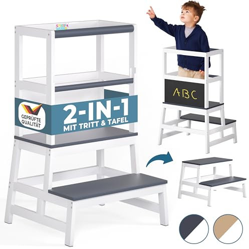 Spielwerk® Lernturm ab 2 Jahren Kinder mit Tafel Grau 100kg Belastbar 93cm Hoch Montessori Learning Tower Trittschemel Kiefer Lernstuhl 2in1 Tritthocker Küche