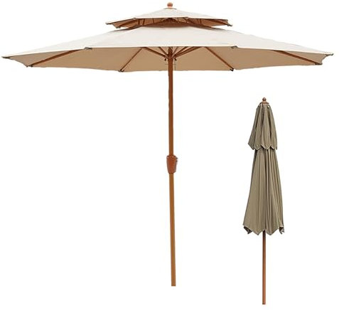 Sonnenschirm Terrassenschirm mit doppelter Oberseite, 270 cm Outdoor Balkonschirm winddichter, Sonnenschutz UV-Schutz Gartenschirm, Holzmaserung, Eisenstange (Color : Khaki, Size : 9ft/270cm)