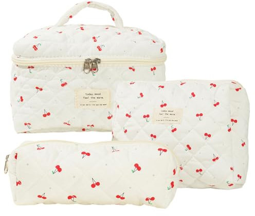 GETBSTOOP Damen Makeup Tasche gesteppt Kirsche Kosmetik Organizer große Kapazität Makeup Aufbewahrungstasche Kirschmuster tragbare Kosmetiktasche Outdoor Reisetasche