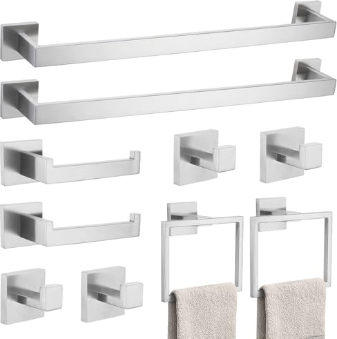 10-Piece Bathroom Hardware Accessories Set-Brushed Nickel Towel Bar, Holder & Racks-SUS304 Stainless Steel-Wall Mounted,23.6-Inch