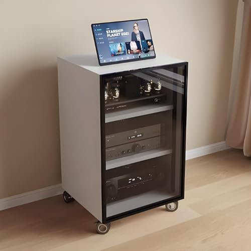 YQMHEZ Beweglicher 1/2/3-stufiger AV-Medienständer, Rack-Audioturm mit verstellbaren Regalen, mit Türen aus gehärtetem Glas, multifunktionaler Medien-Stereoständer, CD-Player for DJ/Theater(Wit,21.6