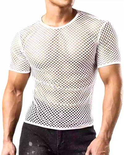 XNIVUIS Canottiera Uomo Guardare Attraverso Manica Corta Maglia Trasparente Uomo a Rete Camicia Maglia Intima da Uomo Mesh Fishnet Trasparenti Maglietta per Discoteca Club Party Festa(Bianco)