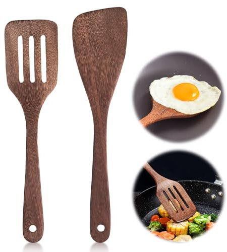 2 Stück Pfannenwender Holz, Holzspatel Zum Kochen Pfannenwender Aus Holz Holzspatel Küche mit Maserung Langem Griff Antihaft Holzspachtel für Wok Pfanne mit Antihaftbeschichtung