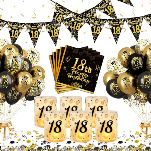 YEJIKJ Deko 18. Geburtstag Junge, 18 Geburtstag Tischdeko Mann Frauen,18. Schwarz Gold Deko Luftballons,18 Jahr Happy Birthday Partydekorationen Set mit Windlicht Konfetti Servietten Banner