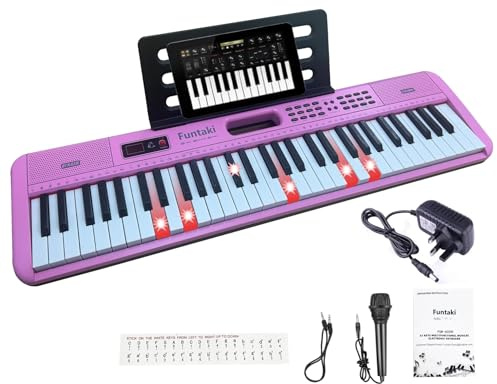 Funtaki 61-Key Electronic Keyboard Piano for Adults Kids with Light Up Keys, MIDI Connectivity & Learning Modes - Perfect Beginner Piano (pink)