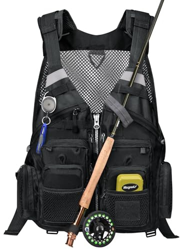 Gonex Fly Fishing Vest for Men Women, Comfortable Adjustable Fishing Vest with Multi-Pockets Reflective Stripes, Black
