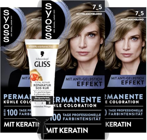 SYOSS Coloration 7_5 Mittelaschblond (3x 115 ml), permanente Coloration mit Keratin verleiht einen kühlen Farbton & SOS-Intensiv-Kur Total Repair (15 ml), Haarkur mit Keratin