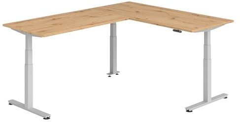 bümö Eckschreibtisch elektrisch höhenverstellbar L-Form: 180 x 240 cm in Asteiche, Gestell Silber - Stehschreibtisch mit Memory-Steuerung, elektrischer XXL Schreibtisch für die Ecke