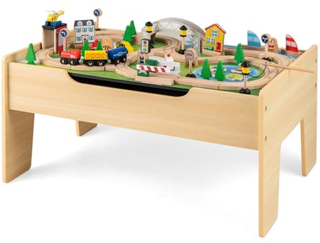 DREAMADE Spieltisch aus Holz, 78/80/84/100-teiliges Eisenbahn-Set, Holzeisenbahn mit Schienen, umkehrbarer & Abnehmbarer Tischplatte, großer Aufbewahrungsschublade, Spielzeug für Kinder ab 3 Jahre