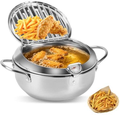Marmite à frire avec passoire, petite friteuse à induction – Marmite japonaise Tempura avec thermomètre, couvercle et égouttoir, avec huile (2,2 l, acier inoxydable) pour frites, crevettes et huile de