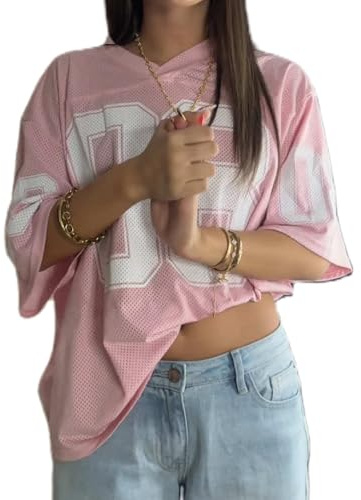 DSORVICD Women Oversized Jersey Shirts Y2k Number Print Graphic Tees V Neck Short Sleeve Baggy T-Shirt Preppy Clothes (Pink, S)