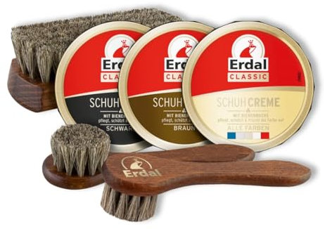 Erdal Schuhpflegeset Klassik Farbauffrischung Glanz & Schutz, für Glattleder, Schuhpflegemittel-Set 6-teilig inkl. Cremebürsten und Glanzbürste, für alle Glattleder-Arten