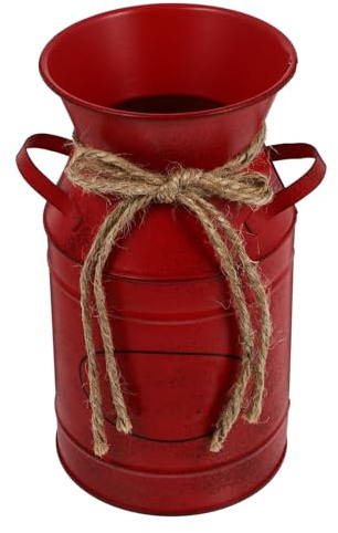 BATHVEVE Cubo de Hierro Vintage para Plantación Doble Asa, Maceta Tipo Lechera Roja, Decoración Hogar, Florero Retro Rústico para Sala y Balcón, Accesorio Decorativo Multifuncional