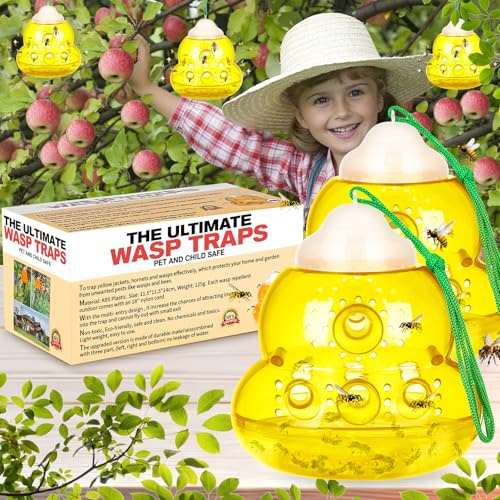 JNKNT Wasp Trap, Bee Trap Catcher, Outdoor Hanging Wasp Repellent Insect Trap, Non-Toxic Reusable Yellow Jacket Hornet Catcher, Yellow - 2 Pack, Safe and Easy to Use