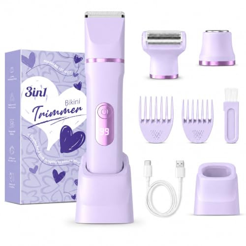 Rasierer Damen, 3-in-1 Intimrasierer für Frauen, für Körper & Bikinizone, Gesichtshaarentferner für Frauen, Elektrischer Rasierer Damen IPX7, USB-Ladestation, Trimmer Damen intimbereich, Violett