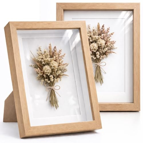 Enmarkalia - Pack X2 Marco de foto con Profundidad Tipo Vitrina 3D color Madera - 15x15 cm con Paspartú Incluido – Marco Efecto Caja para Fotos, Recuerdos y Objetos. (Madera X2 Uds., 15 x 15 cm)