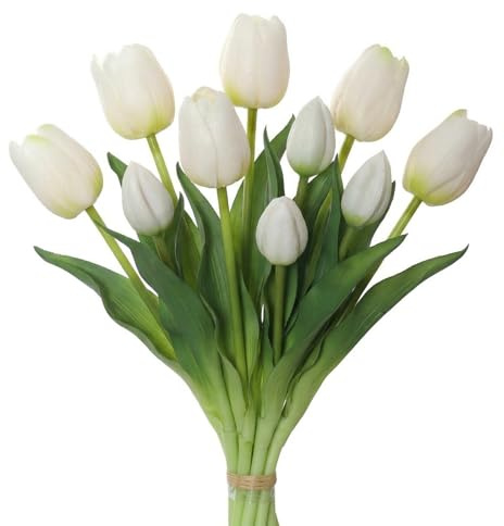 10 Stück Weiß künstliche Tulpen Bündel mit 6 Tulpe und 4 Tulpenknospen