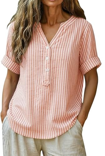 Tuta Donna Completa,Camicia Donna Blusa Cotone Lino Taglie Forti A Righe Scollo V Bottoni Maniche Corte Vestibilita Comoda Stile Casual Estivo per Ufficio Tempo Libero Vacanza Casa Mare