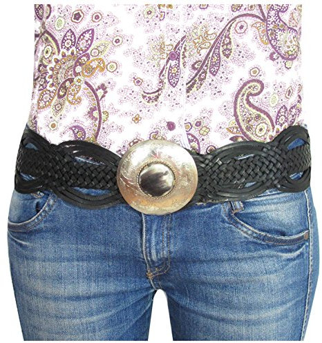 ALMADIH Ledergürtel Woven schwarz 100% Handarbeit Rindsleder Schnalle Neusilber + Naturhorn handgeflochten Hüftgürtel Taillengürtel Damengürtel Leder Damen Gürtel orientalischer Look (Woven Schwarz)