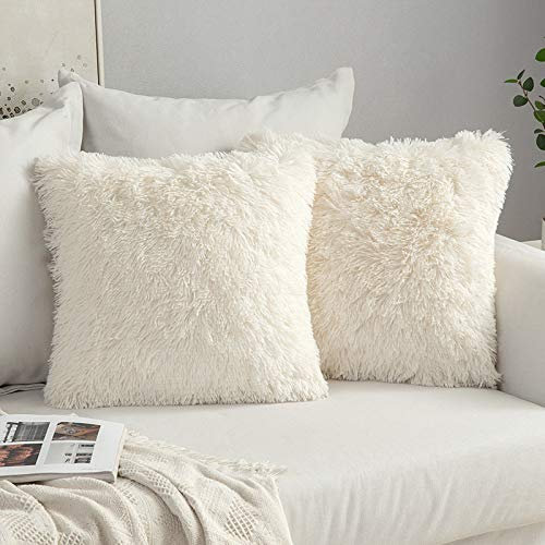 MIULEE 2er Set Kissenbezüge Künstlich Pelz Sofakissen Dekorative Dekokissen Kuschelkissen Plüschkissen Kuschelig Couchkissen Superweich Kissen Flauschig Kissenbezug für Sofa 45x45 cm Cremeweiß