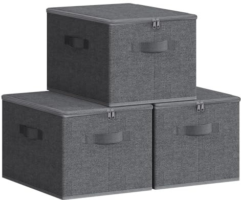 SONGMICS Aufbewahrungsbox mit Deckel, 3er Set, faltbare Stoffbox mit Griffen, Aufbewahrung für Kleidung, 40 x 30 x 25 cm, Vliesstoff, schiefergrau RYZB03G