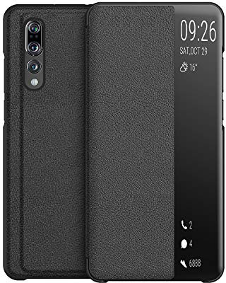 KANSi kompatibel mit Huawei P20 Pro Hülle, Smart View Flip Hülle + Panzerglas - Schwarz