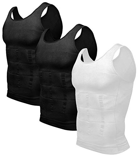 Odoland Mens Slimming Vest 3 Pack Body Shaper Men Compression Vest Shapewear Men's Undershirt Compression Shirt Tank Tops - Black/Black/White/Extra Large
