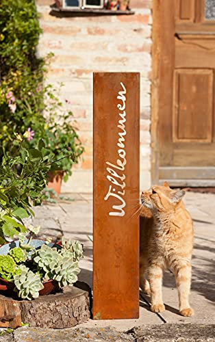 Plaque décorative en métal « Willkommen » aspect rouille, 75 cm de haut, panneau décoratif, colonne rouillée, panneau de jardin