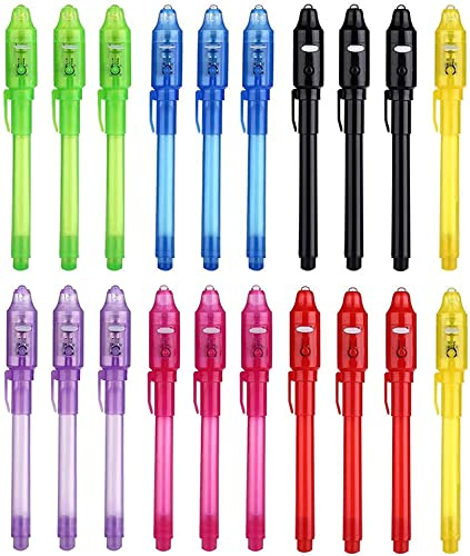 DazSpirit - Bolígrafo de tinta invisible (20 unidades, con lámpara UV, tinta invisible para un mensaje secreto, bolígrafo invisible para regalos de cumpleaños, cumpleaños, bolsas de fiesta