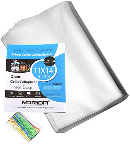 MORIDA 50 Stück 27,9 x 35,6 cm Zellophan-Leckerli-Beutel transparent flach für Geschenkverpackungen, Bäckerei, Kekse, Süßigkeiten, Dessert, Körbe, Verpackung mit farbigen Bindebändern