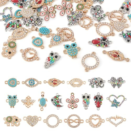 PandaHall 40 Stück Kunstharz & Strass Glieder Verbindungsstücke Schmetterling Elefant Eule Schildkröte Kreuz Link Charms Anhänger mit Schlaufe für Halskette Armband Ohrringe Schmuck Handwerk, Strass