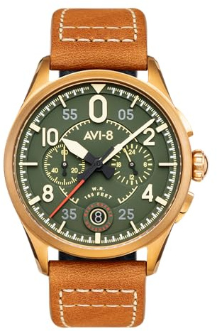 AVI-8 Mens 42mm Spitfire Lock Chronograph Bronze Green Japanese Quartz Pilot Watch with Leather Strap AV-4089-02