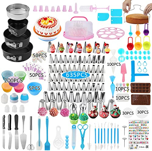 Cake Decorating Kit,635 Pcs Cake Decorating Supplies with 3 Springform Pan Sets Icing Piping Nozzles Cake Rotating Turntable Cake Topper Piping Bags Cake Carrier Holder,Cake Baking Supplies Set Tools