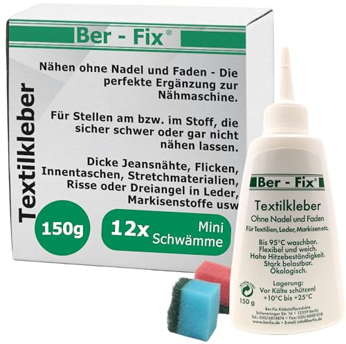 Ber-Fix Textilkleber 150g: Kleben statt Nähen! Waschbar 95°C, Flexibler Stoffkleber inkl. 12 Schwämmen (2+10 Mini) für DIY Reparaturen