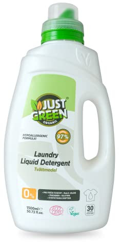 Just Green Organic Laundry Liquid 1500ml, Non-Toxic Formula, Vegan & Eco-Friendly Washing Liquid Detergent, Safe Baby Detergent, Recyclable Packaging