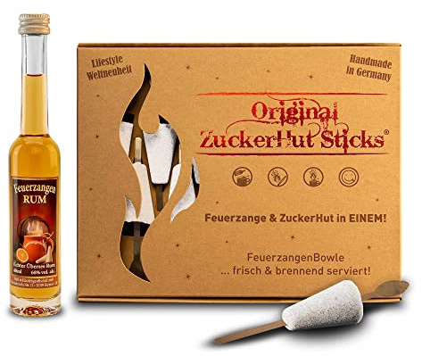 Feuerzangentasse ZuckerHutSticks, 12 Stück, Zucker, mit Rum 40ml - für Heißgetränke (Glühwein, Feuerzangenbowle, etc.) und Cocktails